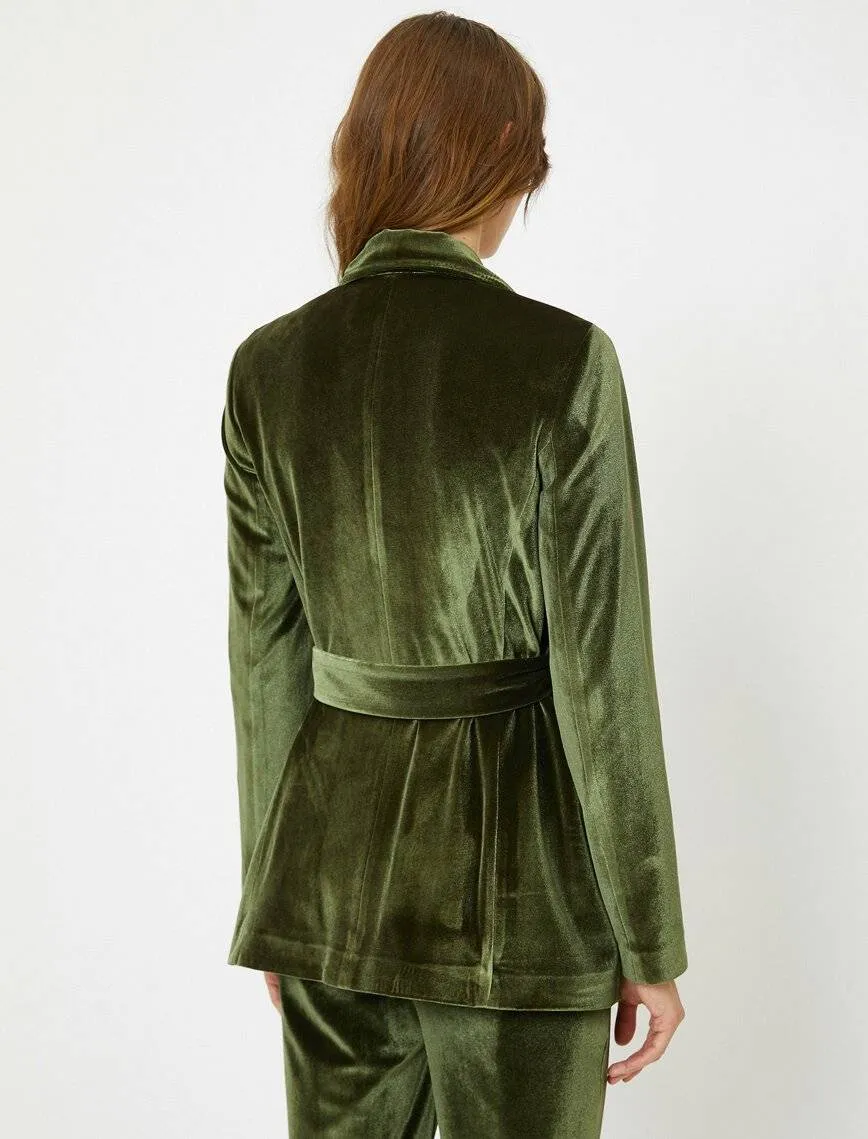 10666 Green Double Breasted Belted Velvet Jacket