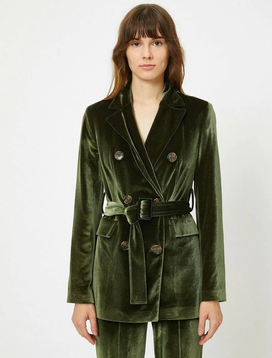 10666 Green Double Breasted Belted Velvet Jacket