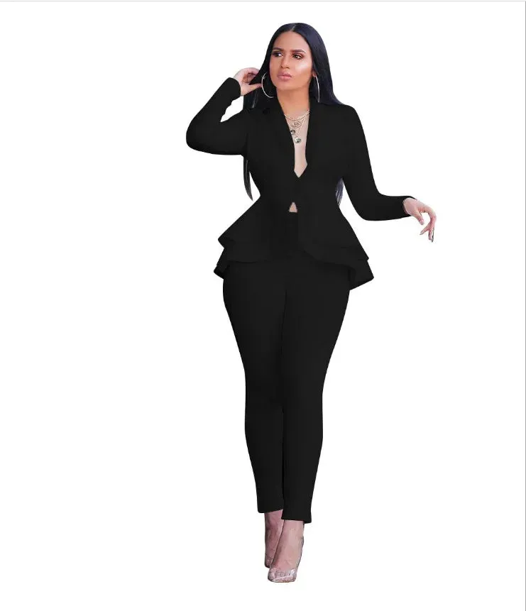 2024 Women's Formal Set 2PCS Tracksuit Full Sleeve Ruffles Blazers Pencil Pants Suit Two Piece Set Office Lady Outfits Uniform