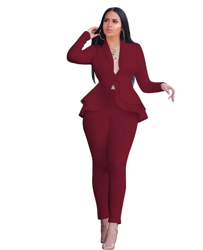 2024 Women's Formal Set 2PCS Tracksuit Full Sleeve Ruffles Blazers Pencil Pants Suit Two Piece Set Office Lady Outfits Uniform