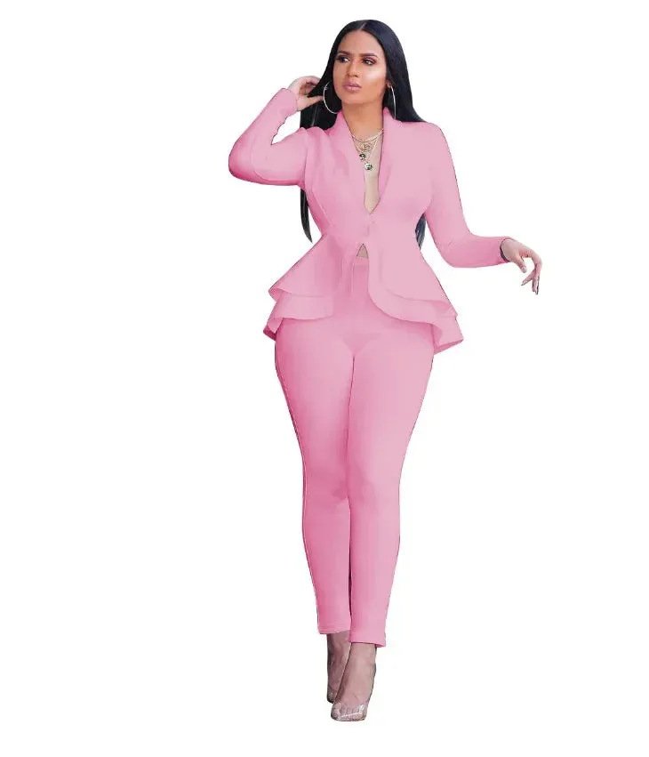 2024 Women's Formal Set 2PCS Tracksuit Full Sleeve Ruffles Blazers Pencil Pants Suit Two Piece Set Office Lady Outfits Uniform