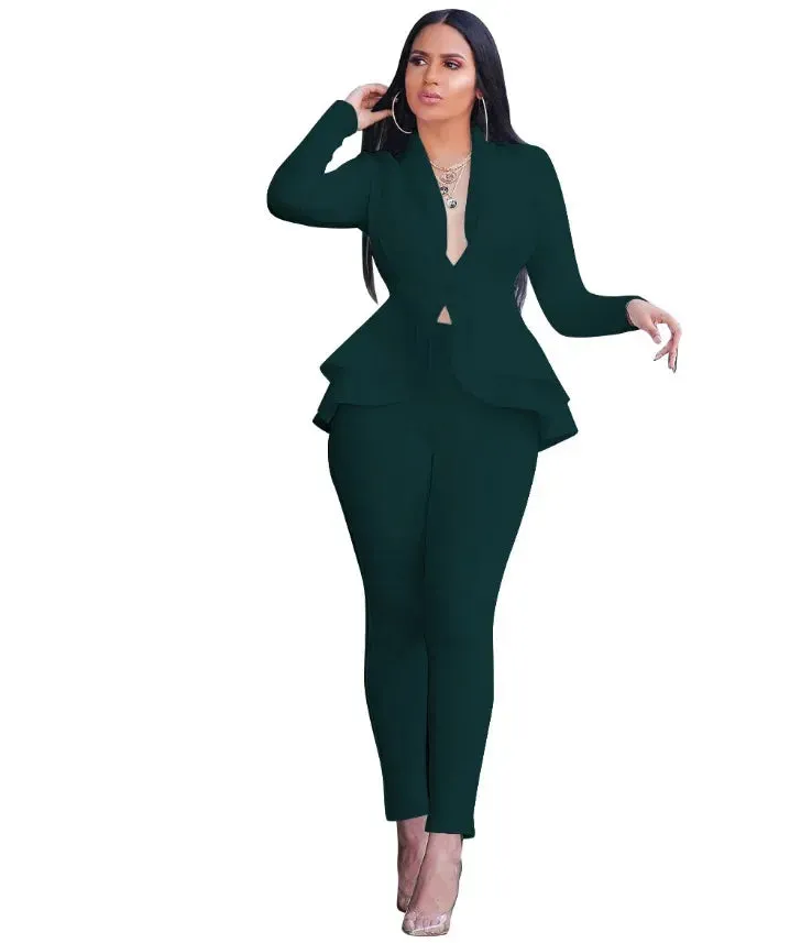 2024 Women's Formal Set 2PCS Tracksuit Full Sleeve Ruffles Blazers Pencil Pants Suit Two Piece Set Office Lady Outfits Uniform