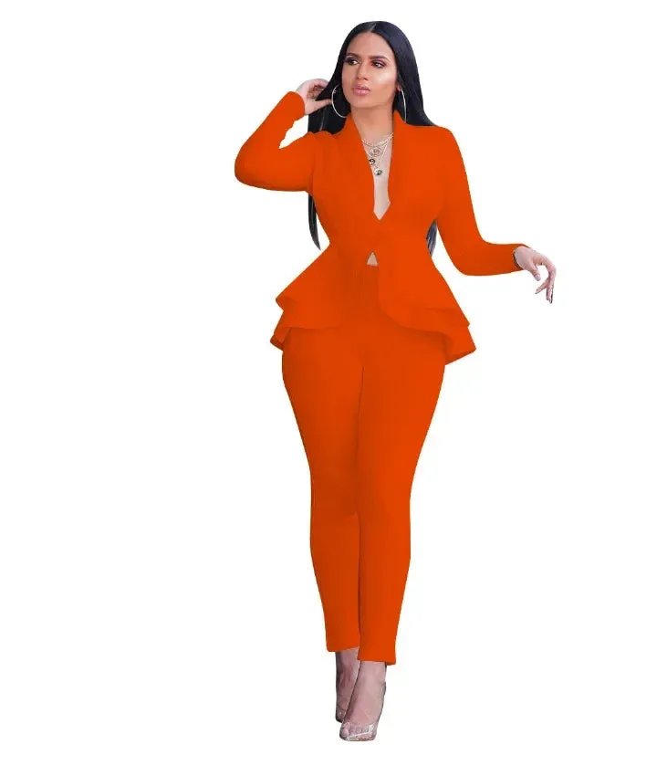 2024 Women's Formal Set 2PCS Tracksuit Full Sleeve Ruffles Blazers Pencil Pants Suit Two Piece Set Office Lady Outfits Uniform