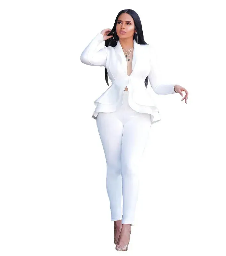 2024 Women's Formal Set 2PCS Tracksuit Full Sleeve Ruffles Blazers Pencil Pants Suit Two Piece Set Office Lady Outfits Uniform