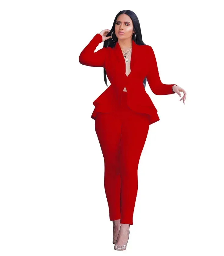 2024 Women's Formal Set 2PCS Tracksuit Full Sleeve Ruffles Blazers Pencil Pants Suit Two Piece Set Office Lady Outfits Uniform