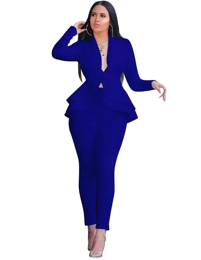 2024 Women's Formal Set 2PCS Tracksuit Full Sleeve Ruffles Blazers Pencil Pants Suit Two Piece Set Office Lady Outfits Uniform