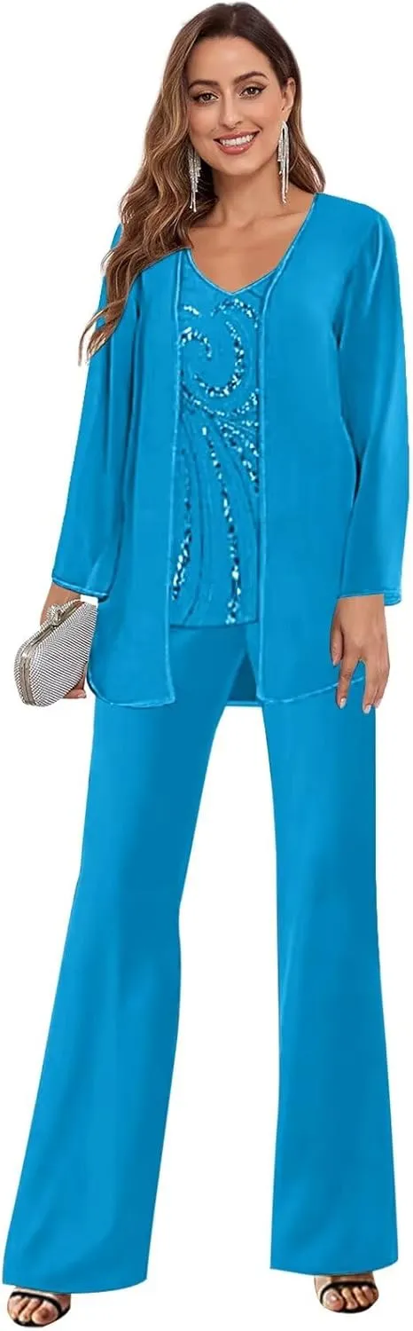 3 Piece Mother of The Bride Pant Suits for Wedding Chiffon Sequins Formal Outfits with Jacket