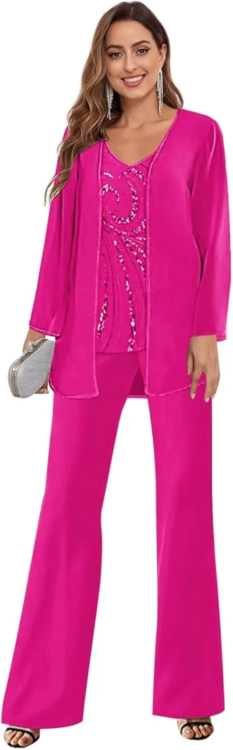 3 Piece Mother of The Bride Pant Suits for Wedding Chiffon Sequins Formal Outfits with Jacket