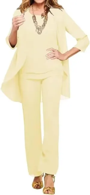 3 Pieces Pant Suits for Women Dressy Wedding Petite Yellow Mother of The Bride Pant Suits for Wedding Formal Outfits with Jacket US 6