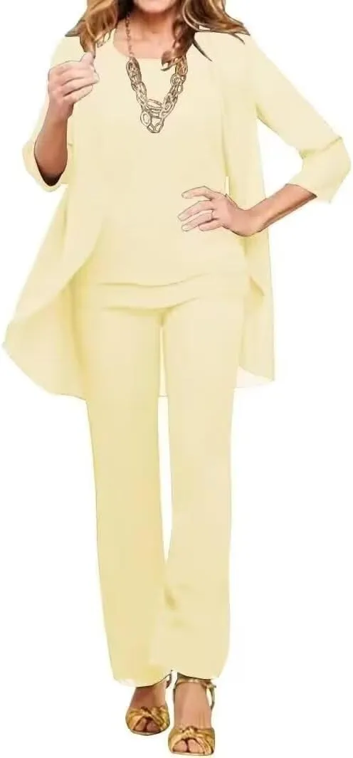 3 Pieces Pant Suits for Women Dressy Wedding Petite Yellow Mother of The Bride Pant Suits for Wedding Formal Outfits with Jacket US 6