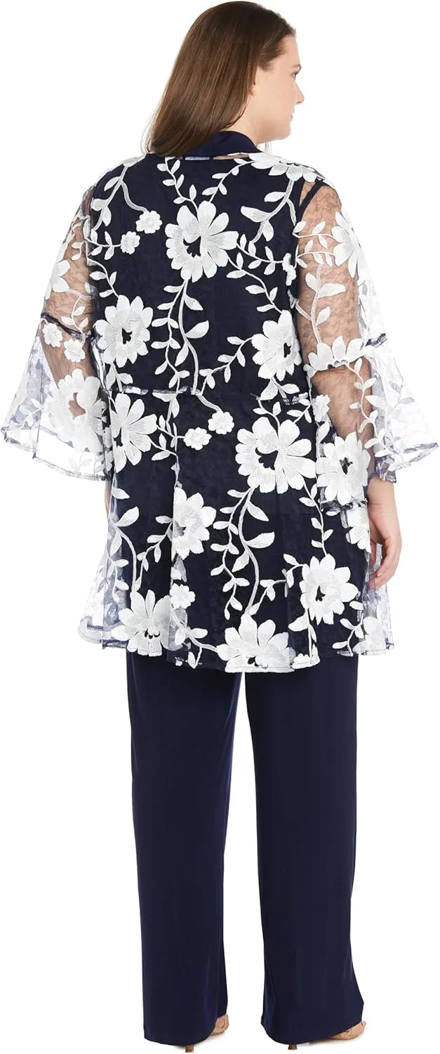 3PC Floral Threadwork Duster Pantsuit Tank Top and Matching Jacket W/Sheet Bell Sleeves