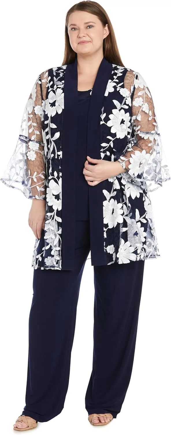 3PC Floral Threadwork Duster Pantsuit Tank Top and Matching Jacket W/Sheet Bell Sleeves