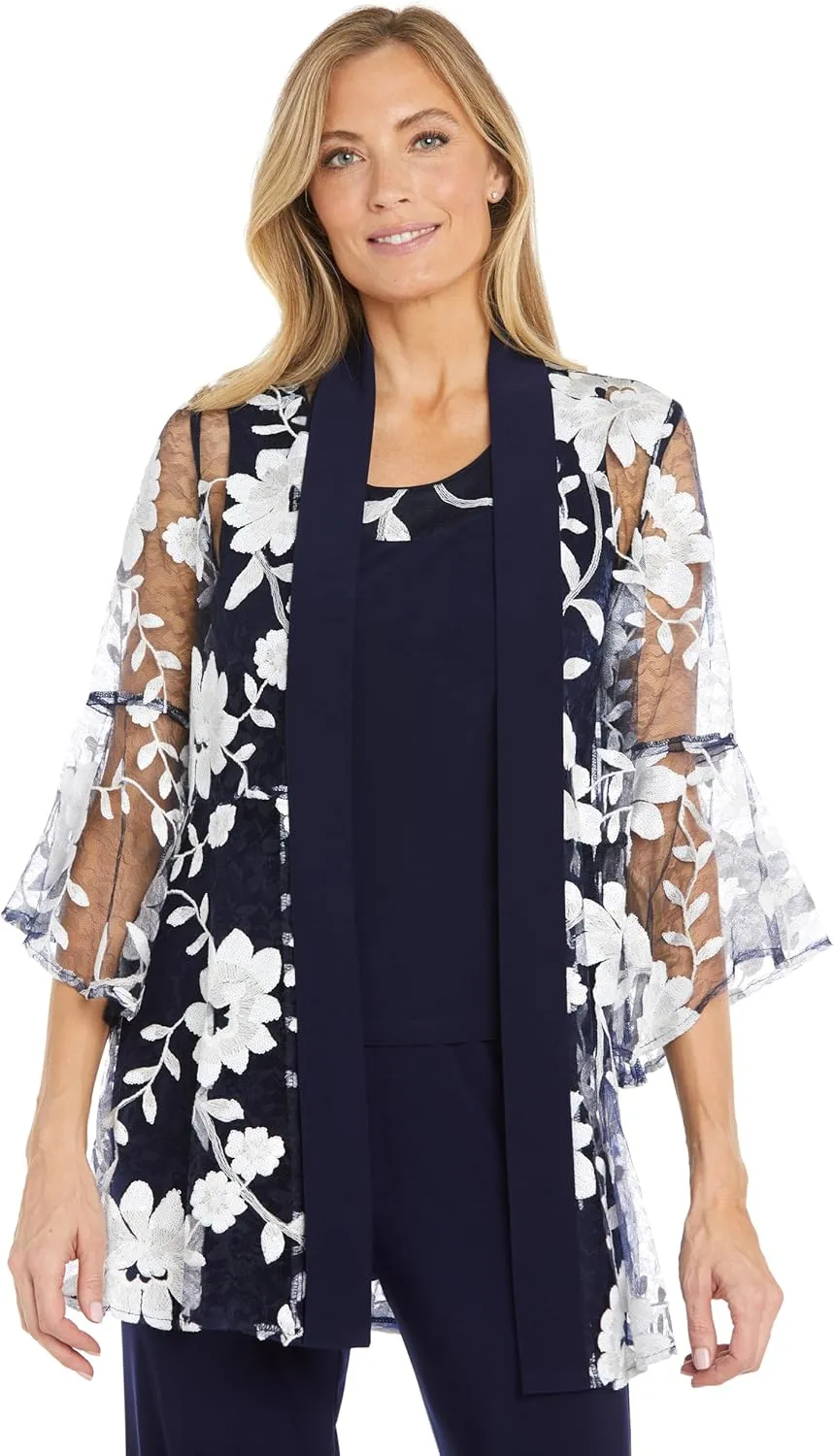 3PC Floral Threadwork Duster Pantsuit Tank Top and Matching Jacket W/Sheet Bell Sleeves