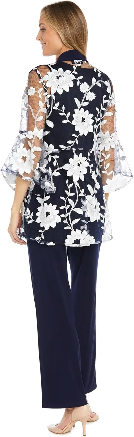 3PC Floral Threadwork Duster Pantsuit Tank Top and Matching Jacket W/Sheet Bell Sleeves