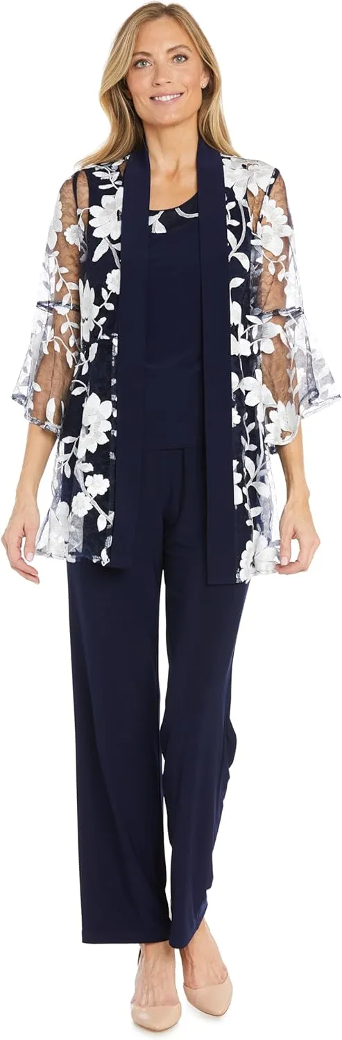 3PC Floral Threadwork Duster Pantsuit Tank Top and Matching Jacket W/Sheet Bell Sleeves