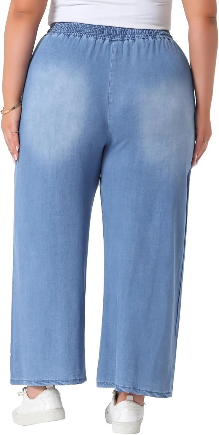 Agnes Orinda Plus Size Women's Wide Leg Jeans Chambray Elastic Waist Baggy Loose Fit Denim Pants with Pockets
