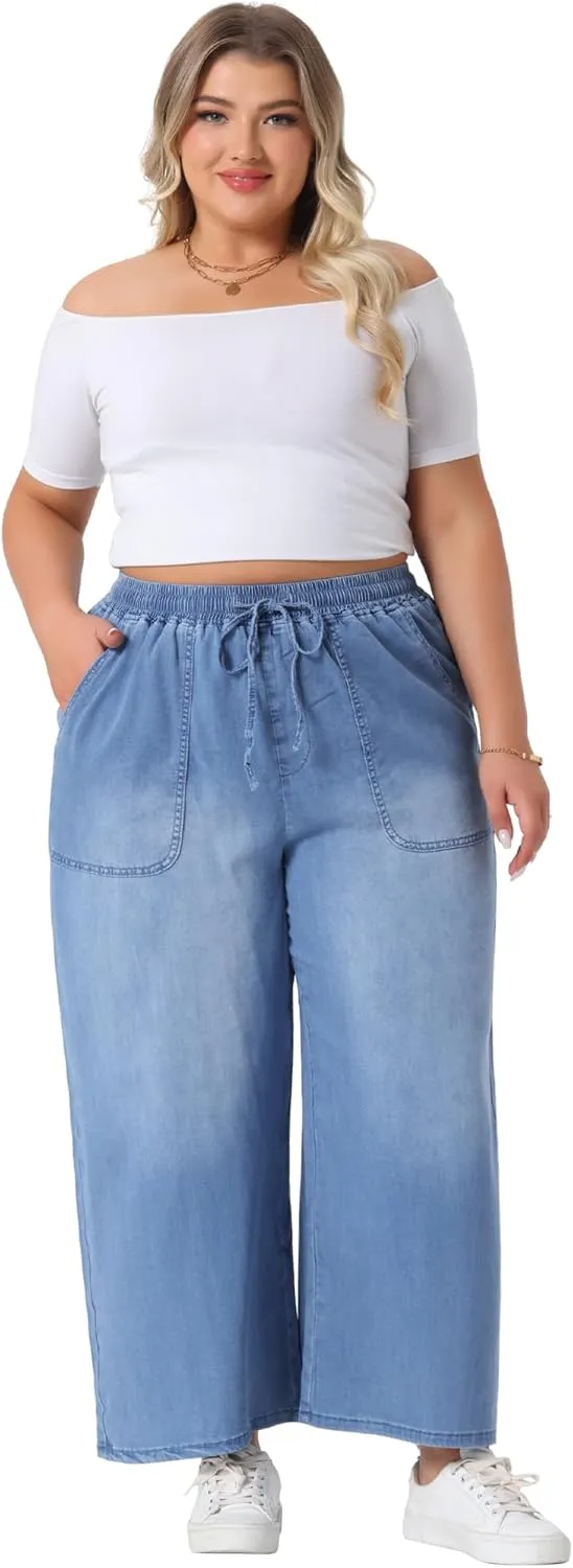 Agnes Orinda Plus Size Women's Wide Leg Jeans Chambray Elastic Waist Baggy Loose Fit Denim Pants with Pockets