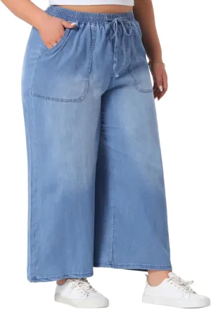 Agnes Orinda Plus Size Women's Wide Leg Jeans Chambray Elastic Waist Baggy Loose Fit Denim Pants with Pockets
