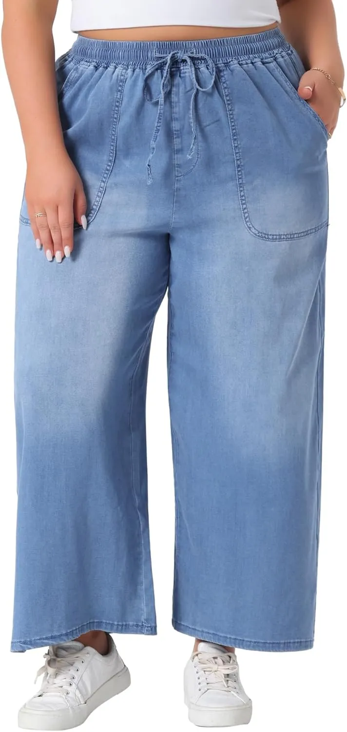 Agnes Orinda Plus Size Women's Wide Leg Jeans Chambray Elastic Waist Baggy Loose Fit Denim Pants with Pockets