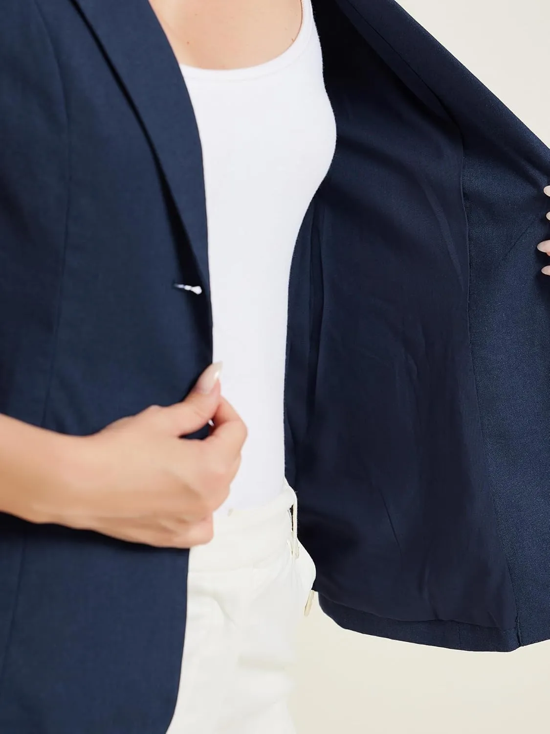 Allegra K Blazer for Women's Short Sleeve Button Front Cotton Linen Lapel Collar Work Office Casual Blazer Coat