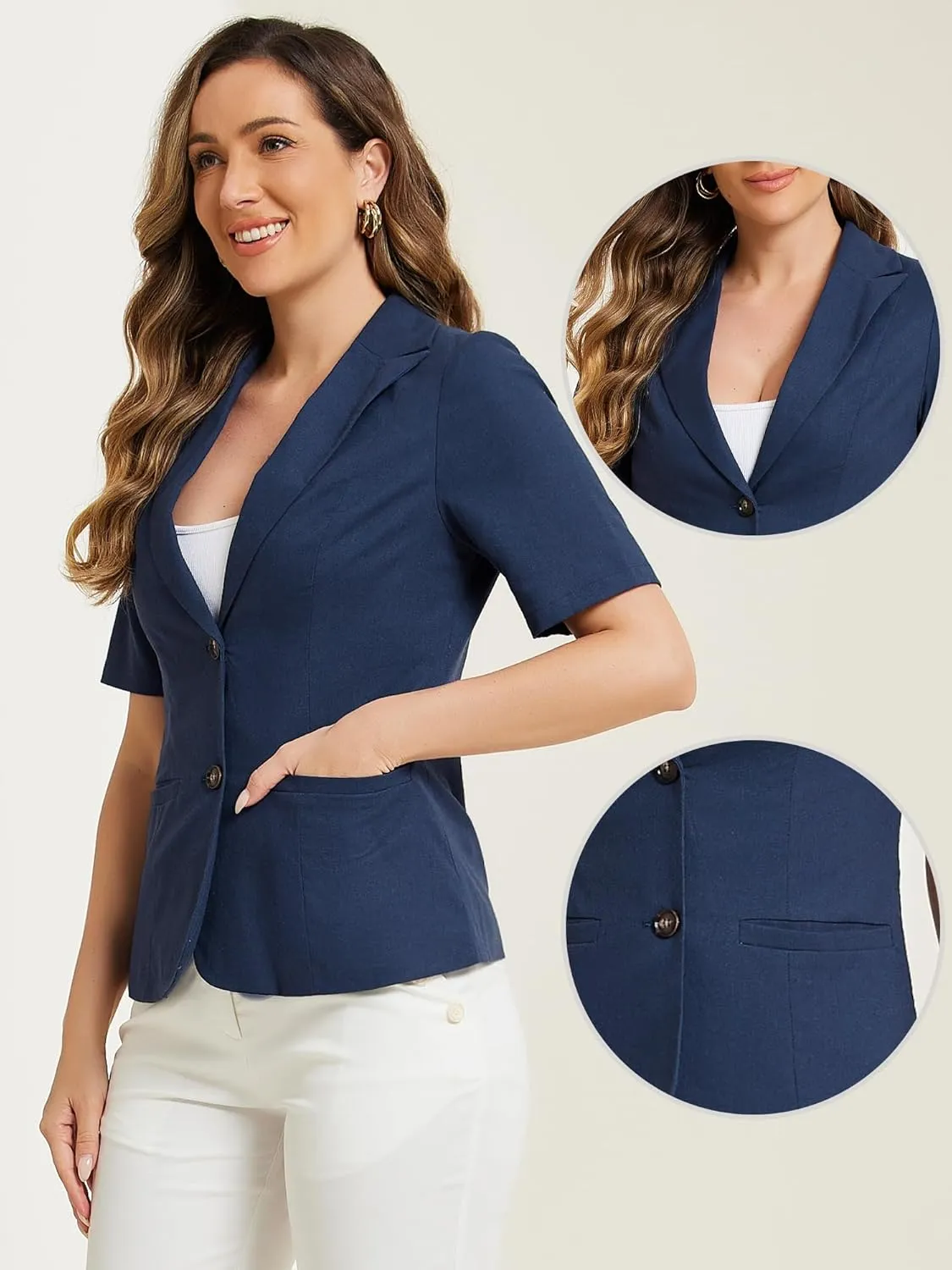 Allegra K Blazer for Women's Short Sleeve Button Front Cotton Linen Lapel Collar Work Office Casual Blazer Coat