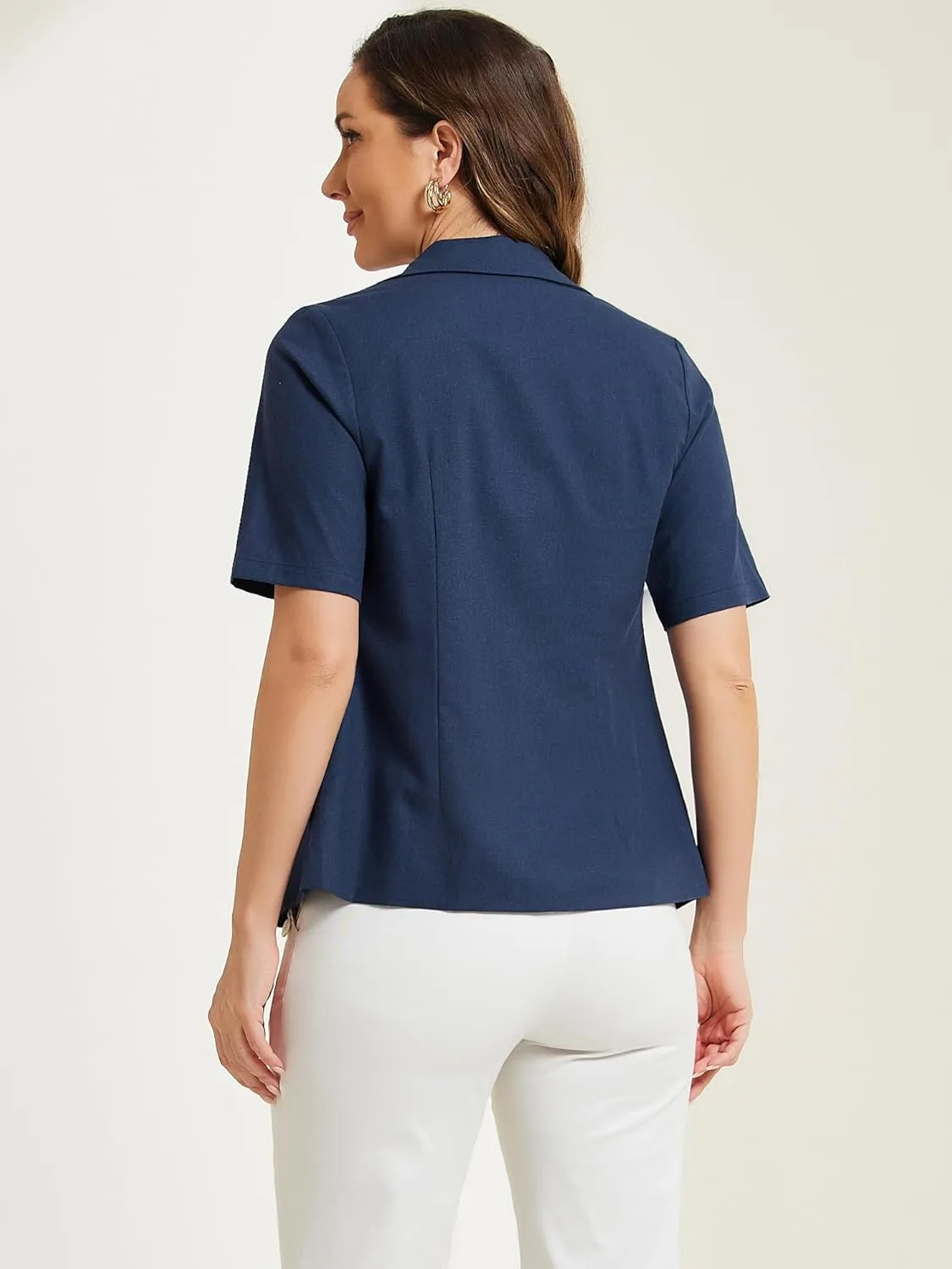 Allegra K Blazer for Women's Short Sleeve Button Front Cotton Linen Lapel Collar Work Office Casual Blazer Coat