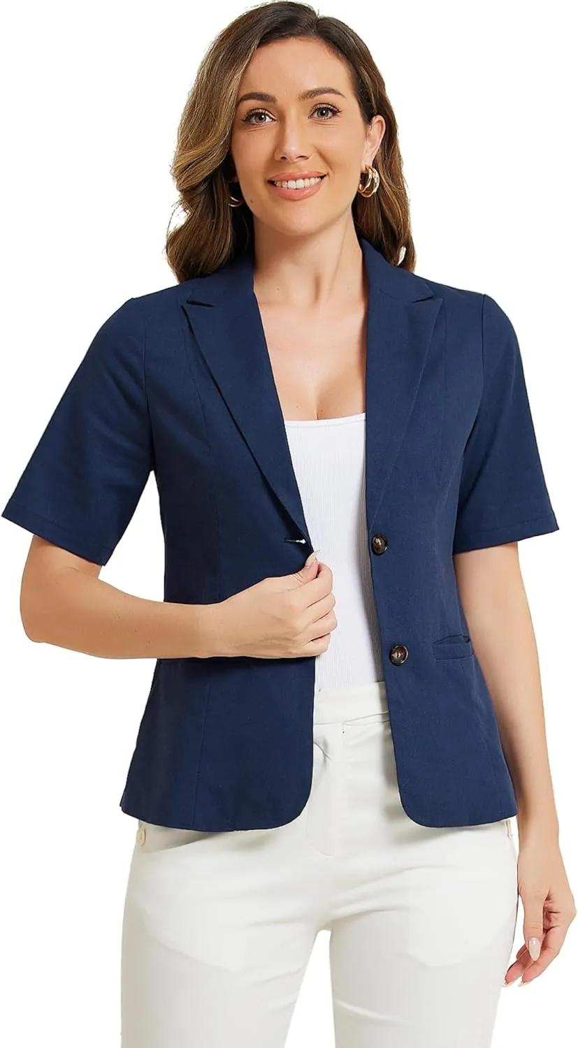 Allegra K Blazer for Women's Short Sleeve Button Front Cotton Linen Lapel Collar Work Office Casual Blazer Coat