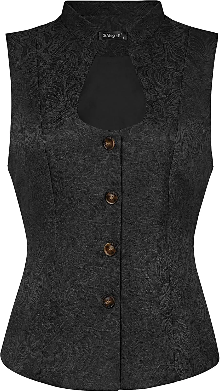Allegra K Vintage Suit Waistcoat for Women's Gothic Blazer Sleeveless Steampunk Jacquard Dressy Vest