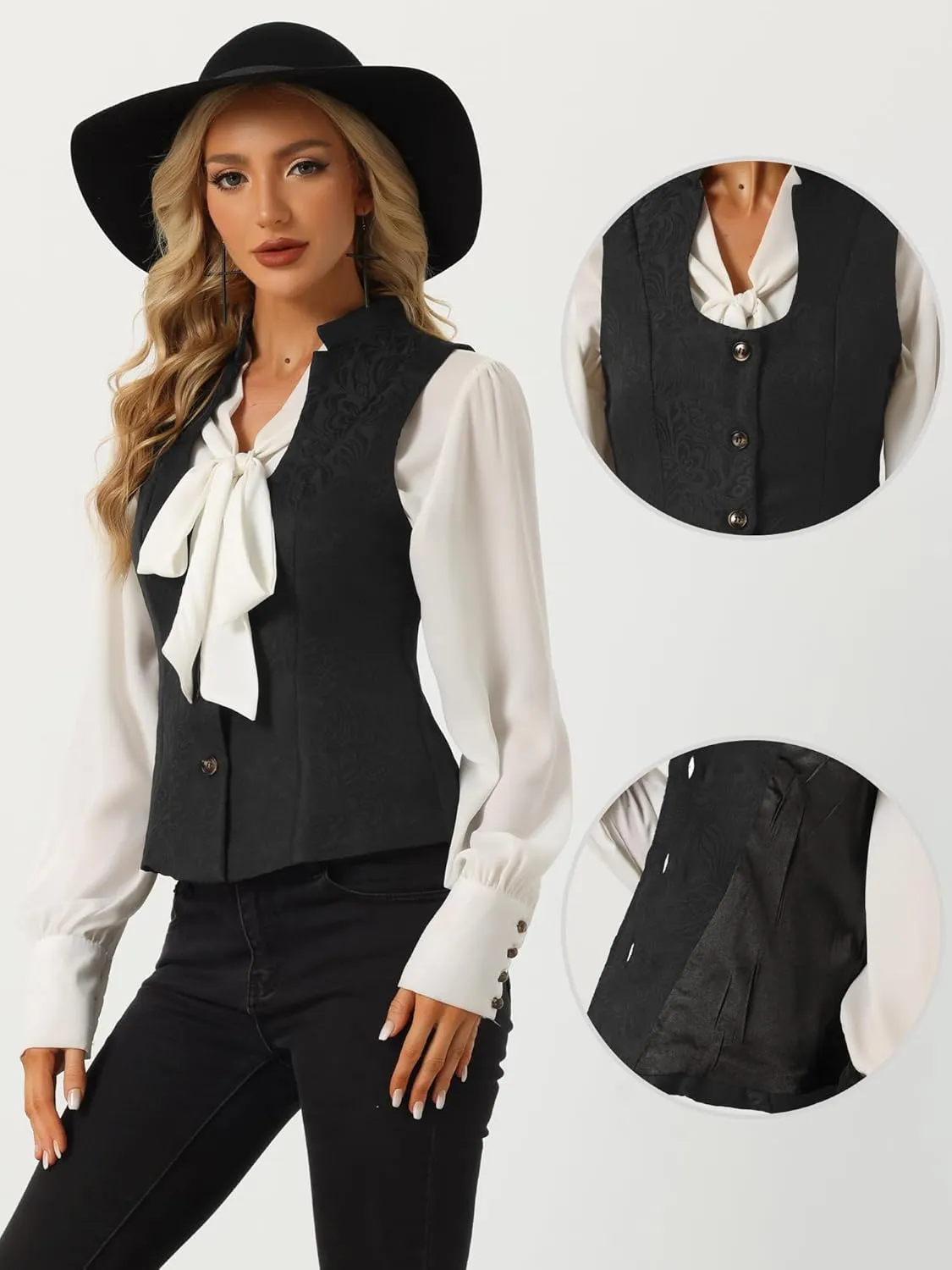 Allegra K Vintage Suit Waistcoat for Women's Gothic Blazer Sleeveless Steampunk Jacquard Dressy Vest