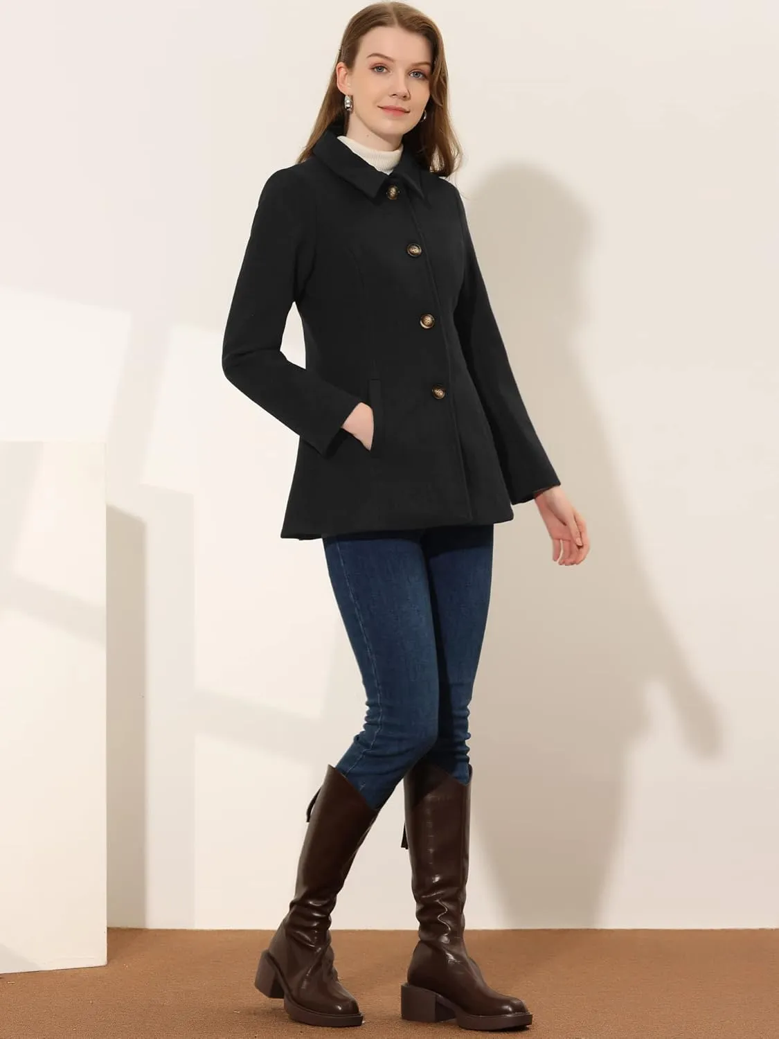 Allegra K Women's Work Office Winter Overcoat Single Breasted Point Collar Pea Coat