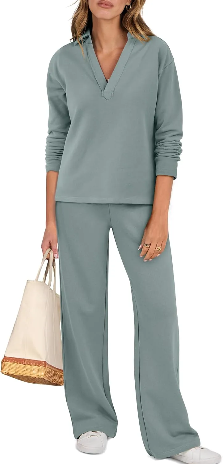 ANRABESS Lounge Sets for Women 2 Piece Outfits Sweatsuit Set Fall V Neck Sweatshirts Wide Leg Pants Tracksuits