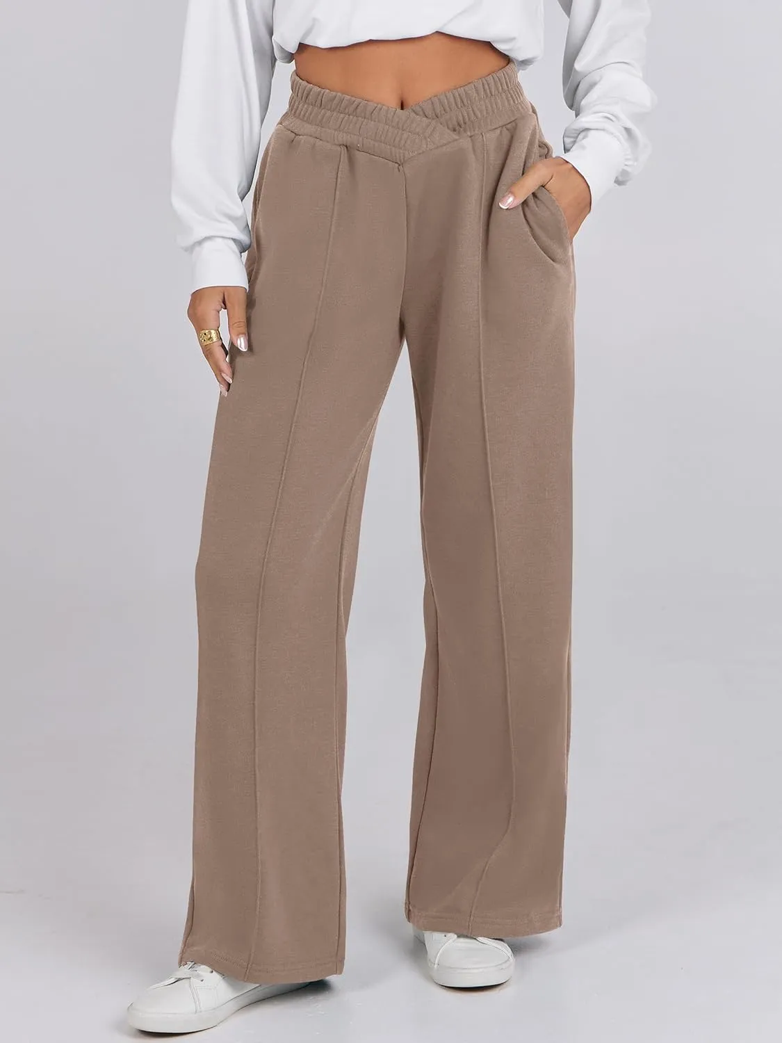 ANRABESS Women Asymmetric High Waist Wide Straight Leg Sweatpants with Pockets 2024 Fall Trendy Sweat Jogger Pants