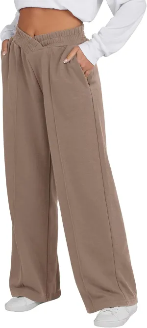 ANRABESS Women Asymmetric High Waist Wide Straight Leg Sweatpants with Pockets 2024 Fall Trendy Sweat Jogger Pants