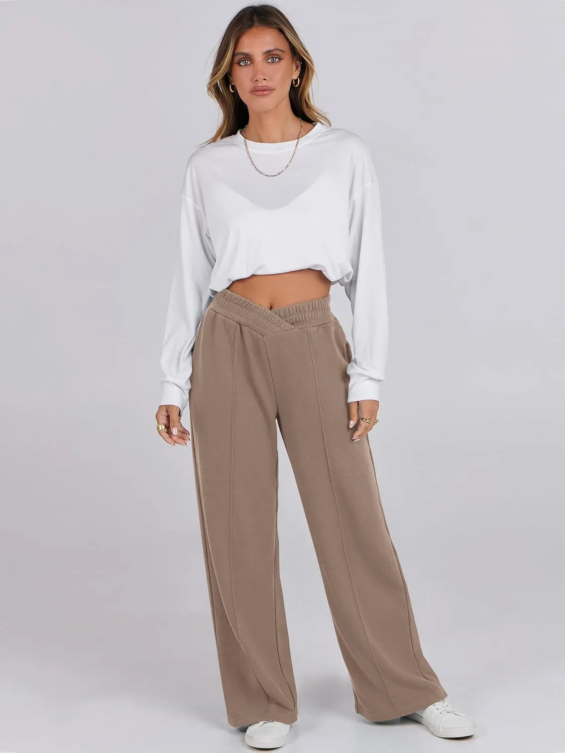 ANRABESS Women Asymmetric High Waist Wide Straight Leg Sweatpants with Pockets 2024 Fall Trendy Sweat Jogger Pants