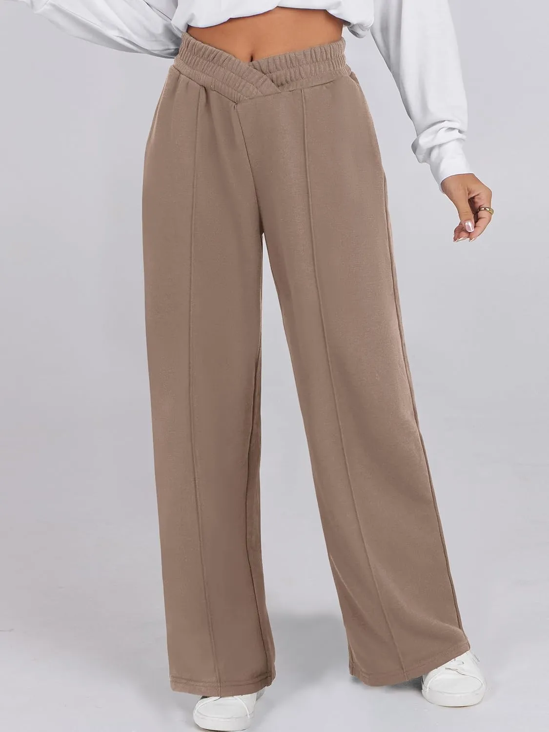 ANRABESS Women Asymmetric High Waist Wide Straight Leg Sweatpants with Pockets 2024 Fall Trendy Sweat Jogger Pants