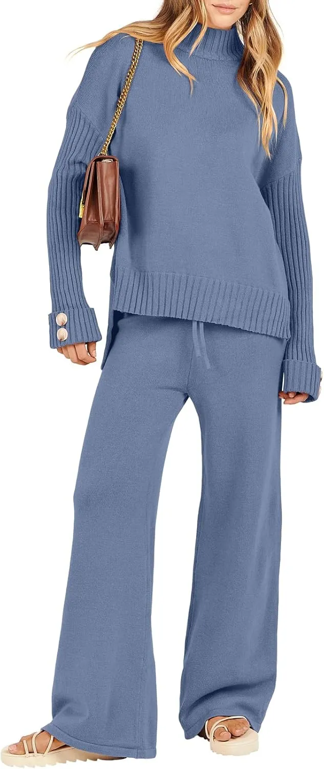 ANRABESS Women's 2 Piece Outfit Sweater Lounge Sets Long Sleeve Knit Pullover Wide Leg Pant Tracksuit Loungewear 2025 Fashion