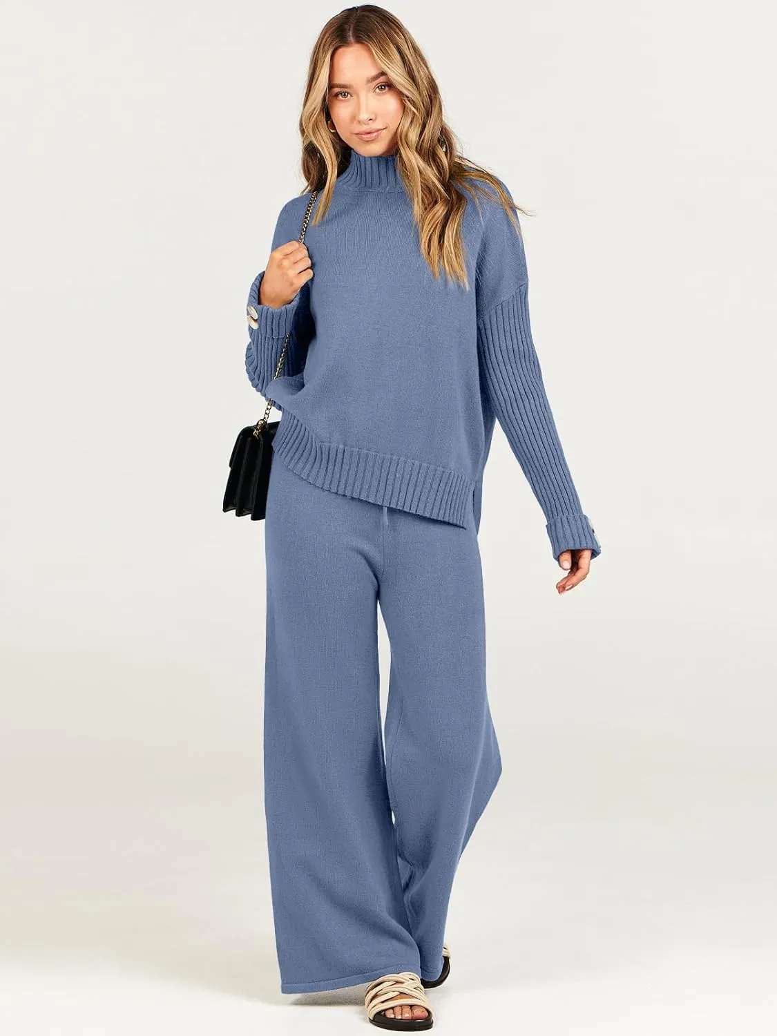 ANRABESS Women's 2 Piece Outfit Sweater Lounge Sets Long Sleeve Knit Pullover Wide Leg Pant Tracksuit Loungewear 2025 Fashion