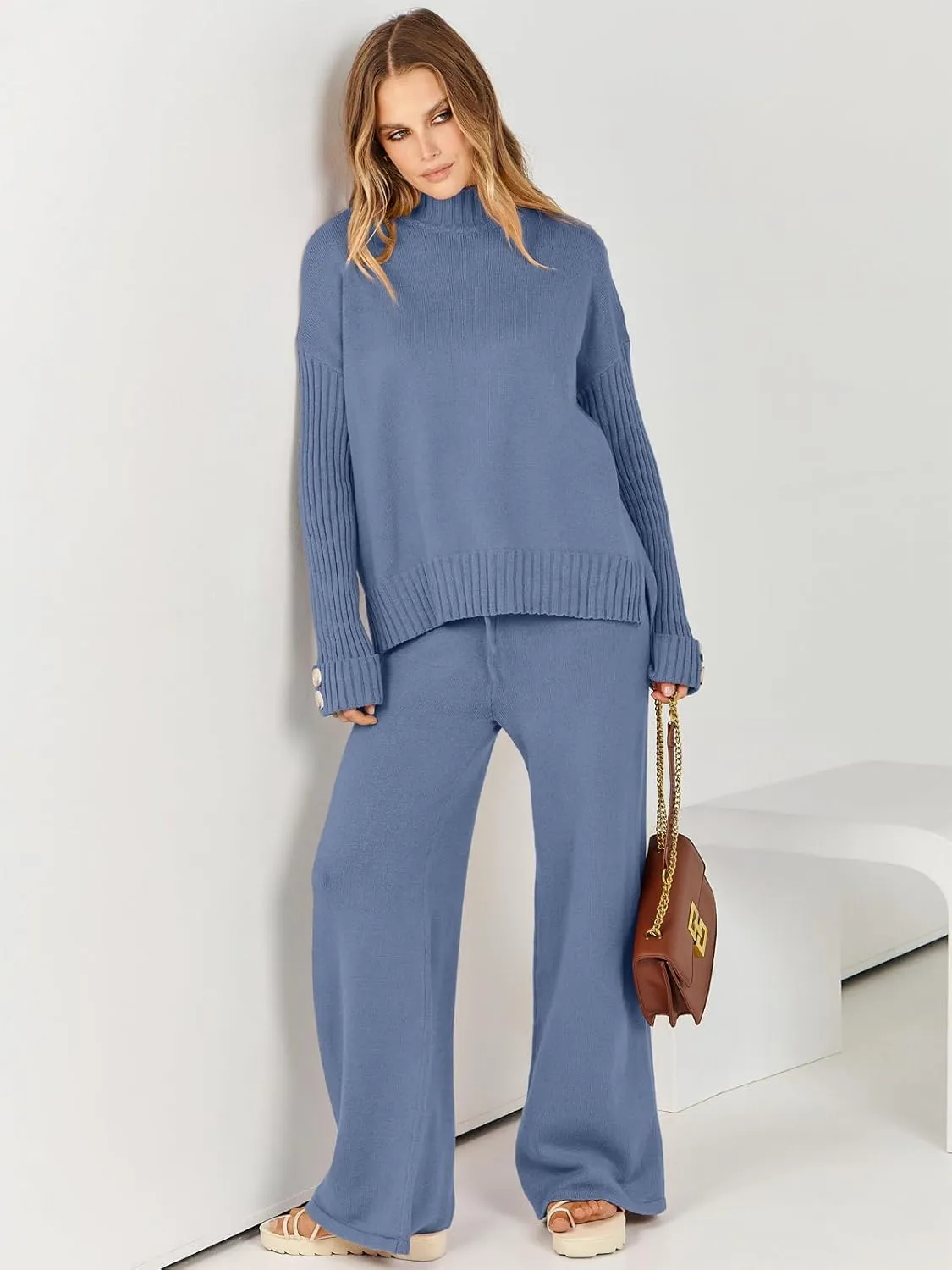 ANRABESS Women's 2 Piece Outfit Sweater Lounge Sets Long Sleeve Knit Pullover Wide Leg Pant Tracksuit Loungewear 2025 Fashion