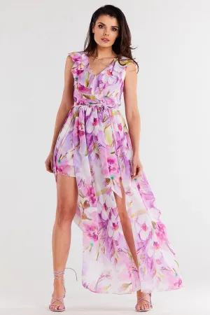 Awama Women's Flowy European Floral Chiffon Sundress with Double Slit