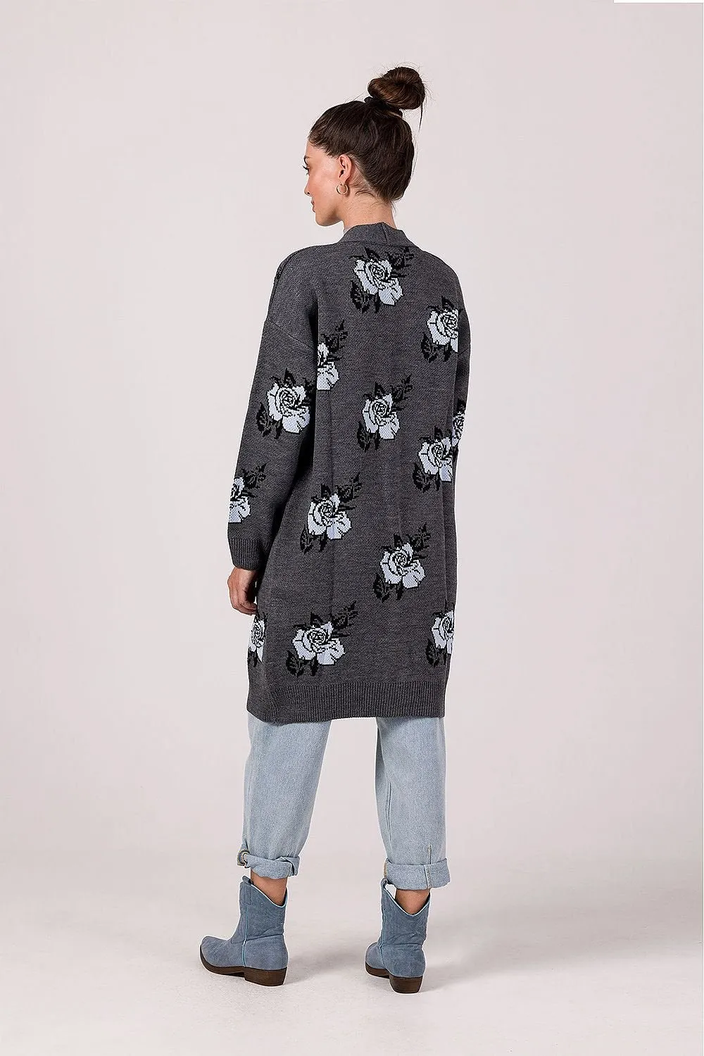 BE KNIT Women's European-made Long Opened Flower Sweater Cardigan