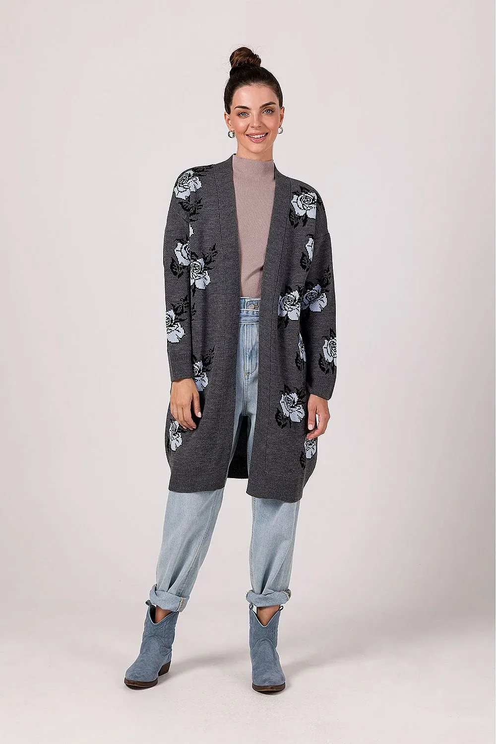 BE KNIT Women's European-made Long Opened Flower Sweater Cardigan