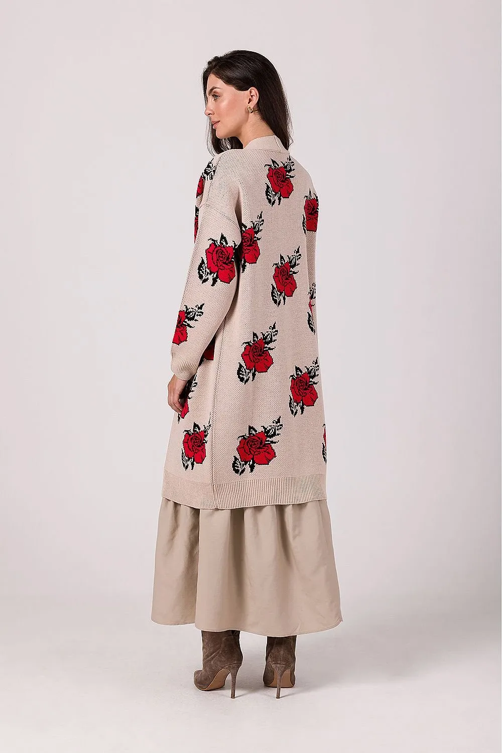 BE KNIT Women's European-made Long Opened Flower Sweater Cardigan