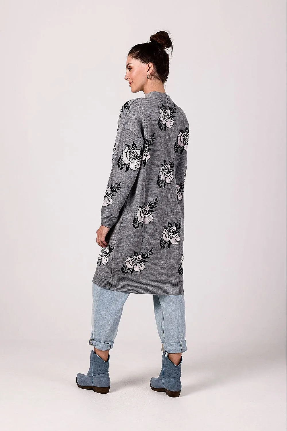 BE KNIT Women's European-made Long Opened Flower Sweater Cardigan