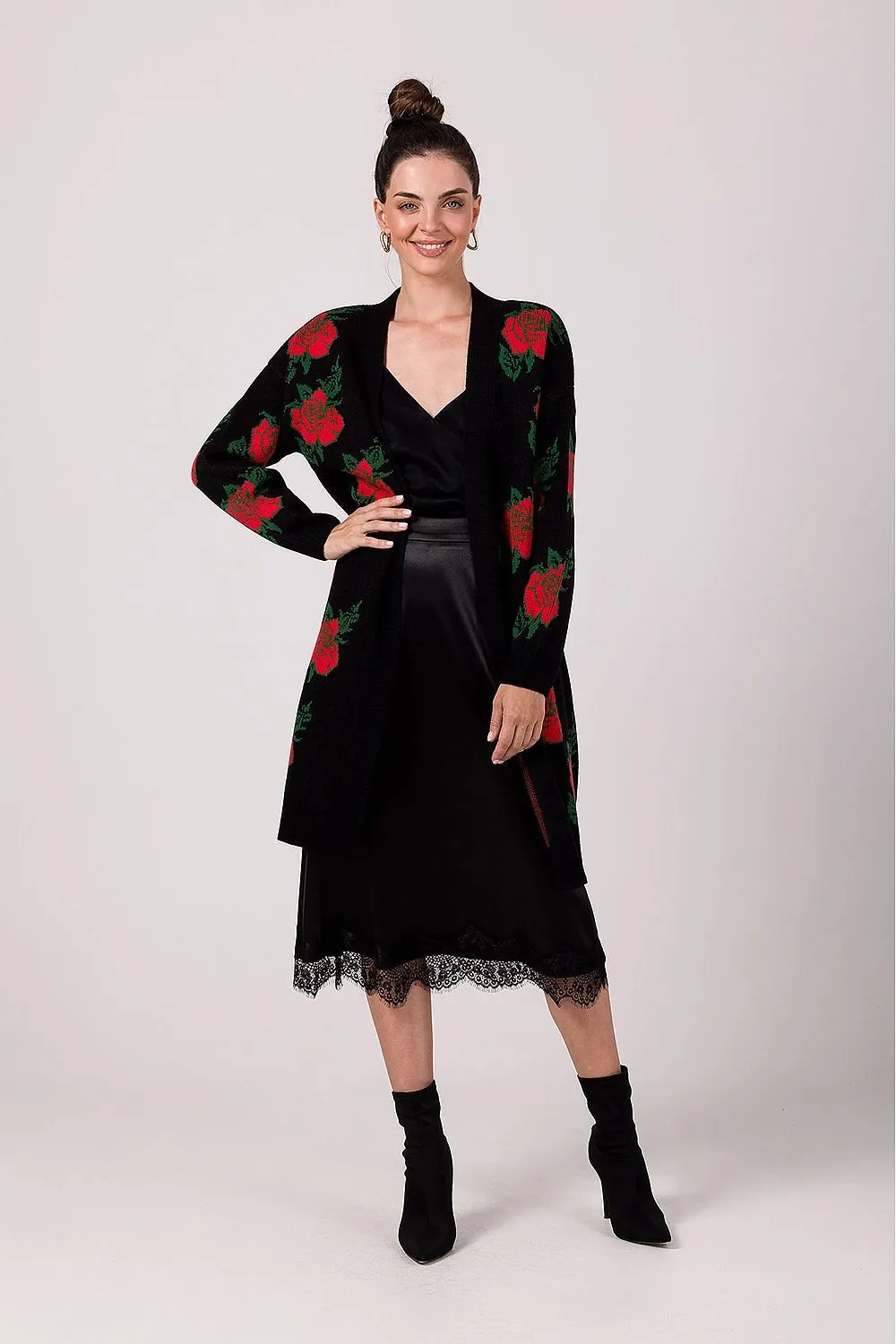 BE KNIT Women's European-made Long Opened Flower Sweater Cardigan