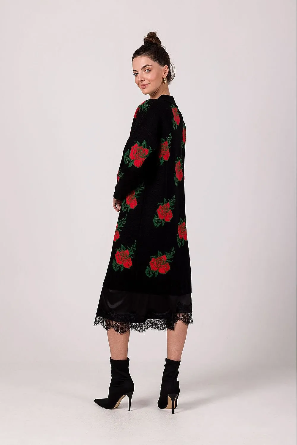 BE KNIT Women's European-made Long Opened Flower Sweater Cardigan