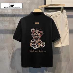 Bear Print Lapel Polo Breathable T-Shirt