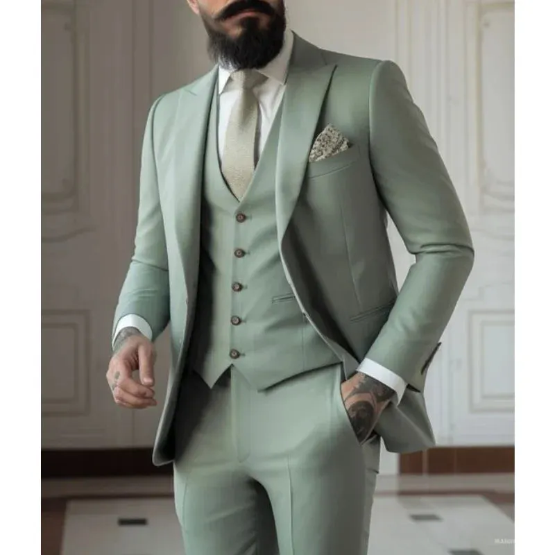 Bonsir Sage Green Men's Slim Fit 3 Piece Suits (Jacket Vest Pant) Wedding Groom Tuxedos Prom Formal Male Party Blazers