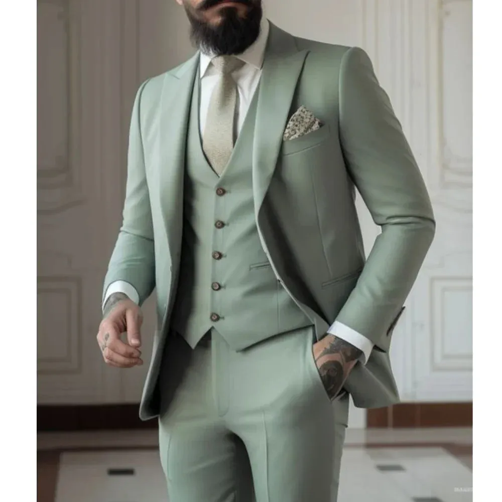 Bonsir Sage Green Men's Slim Fit 3 Piece Suits (Jacket Vest Pant) Wedding Groom Tuxedos Prom Formal Male Party Blazers