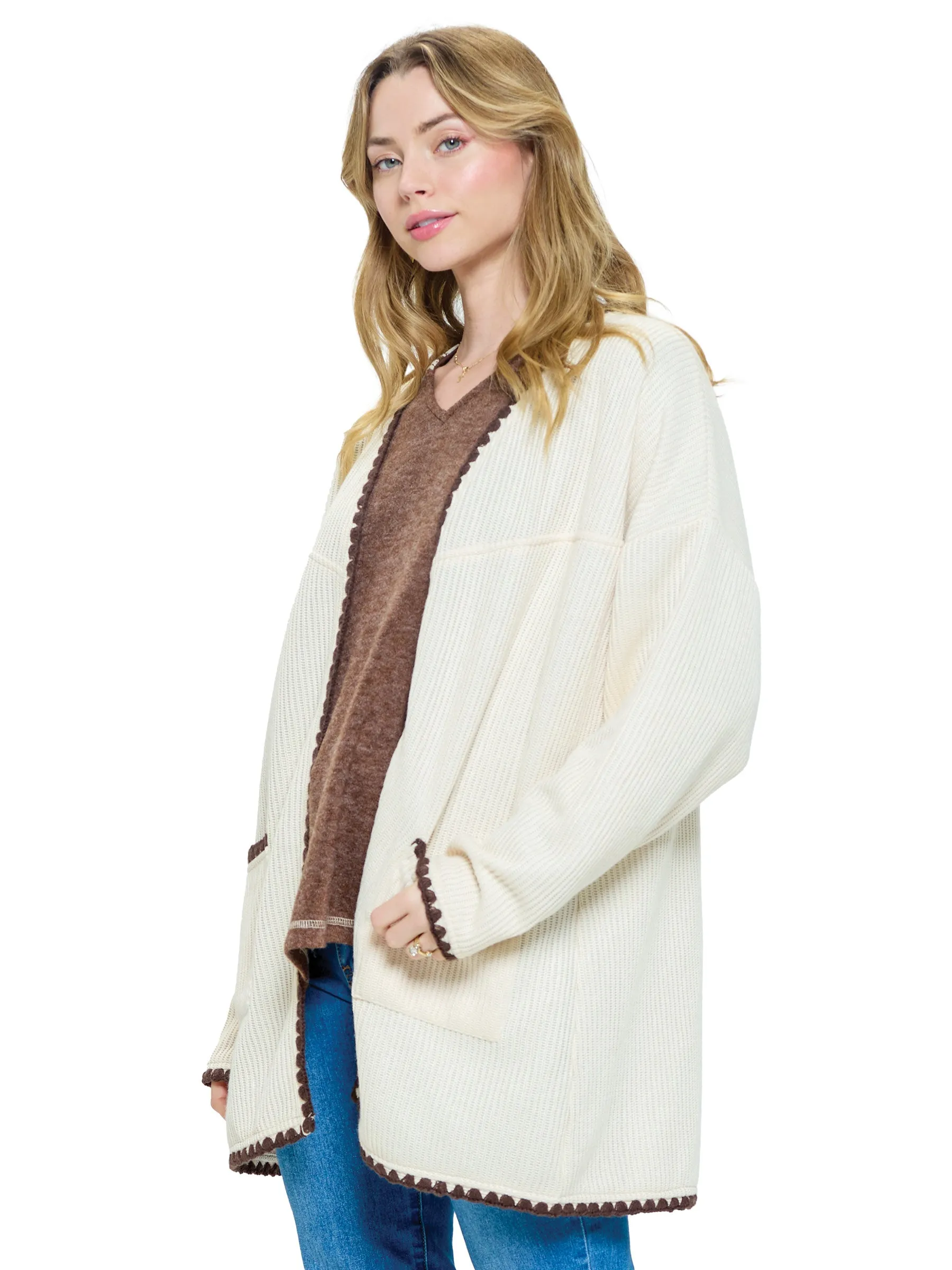 Cardigan Ribbed Stich Accented Oversized