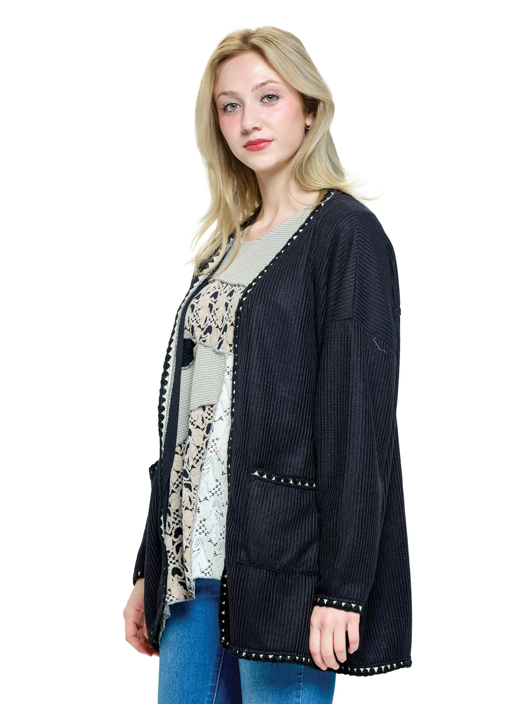 Cardigan Ribbed Stich Accented Oversized